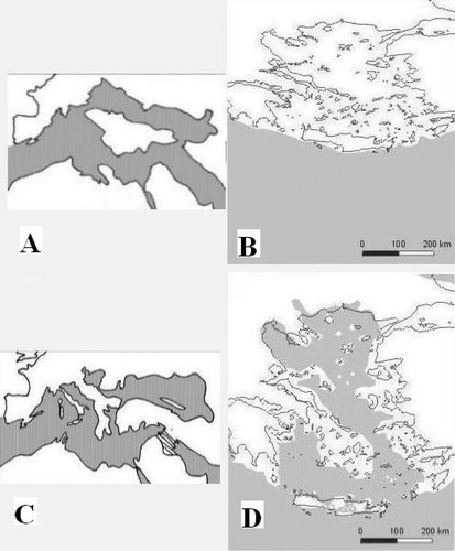 Figure 1 Paleogeography of the Eastern Mediterranean. Based on Welter‐Schultes (Citation2000) and Çiplak (Citation2004). A, Middle Miocene (15 Myr); B, Middle Miocene (15 Myr; Aegean area with contour corresponding to present day landmass areas); C, Late Miocene/Tortonian (8 Myr); D, Late Miocene/Messinian (5 Myr; Aegean area with contour corresponding to present day landmass areas). Landmass represented in white and sea represented in grey.