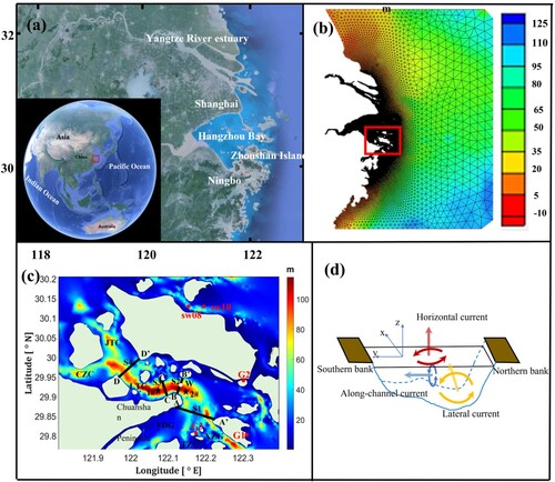 Figure 1. (a) Map of the study area; (b) model grids with depth contours; (c) map of Zhoushan Islands with depth contours, (d) Horizontal/Along-channel/Lateral current direction. Tidal data were collected at Stations G1, G2, G3, respectively. Temperature and salinity data were collected at Stations sw08 and sw10. Stations 1# and 2# were the validation points of current. Sections S1 (A-A’), S2 (B-B’), S3 (C-C’) and S4 (D-D’) are used to examine the vertical profiles of tidal flow in the Luotou Channel. LTC: Luotou Channel, JTC: Jintang Channel, CZC: Cezi Channel, FDC: Fodu Channel, TZG: Tiaozhoumen Channel, XZG: Xiazhimen Channel.