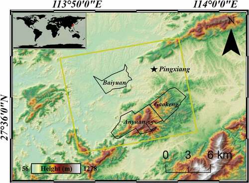 Figure 7. Data coverage (yellow rectangle) and boundaries of mines (black lines) in Pingxiang; the background is SRTM DEM.