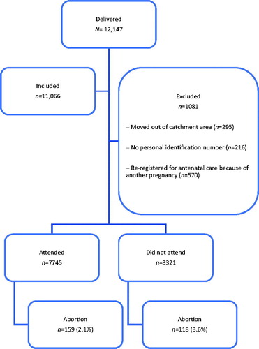 Figure 1. Flow chart presenting the study group, attendance at the postpartum visit and number of induced abortions during follow-up.