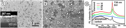 Figure 7. (a,b) SEM images of diamond/SiC composite film deposited in CH4 (4 sccm)/H2 (400 sccm) mixture with added TMS gas (5 sccm). The inset corresponds to a cross-sectional SEM image. (c) Photoluminescent spectra of diamond/SiC composite films grown with different TMS gas flows, sample 1#: 0 sccm; sample 2#: 5sccm; sample 3#: 15 sccm; sample 4#: 30 sccm. Not a strong SiV PL peak at 738 nm. The presence of the SiV peak in sample #1 (no TMS) is caused by the etching of Si substrate with hydrogen plasma during the process of film deposition. The spectra are recorded under the excitation of a 532 nm laser [Citation120].