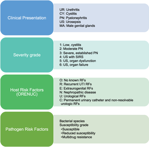 Figure 1 The European section of infections in urology classification of UTIs. This classification includes the clinical presentation, the severity assessment and any host or pathogen risk factors (RF). This robust definition helps guide empiric antimicrobial treatment and duration.