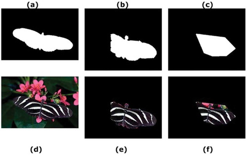 Figure 3. “0049” image from subset2, (a) GT image, (b) segmented mask image by BM, (c) segmented mask image by GF2T, (d) original image, (e) extracted object image by BM, and (f) extracted image by GF2T.