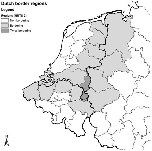 Figure 1. NUTS-2 Border Regions for the Netherlands and Germany and for the Netherlands and Belgium (Dutch NUTS-2 Region Limburg Borders Both). Source: Eurostat.