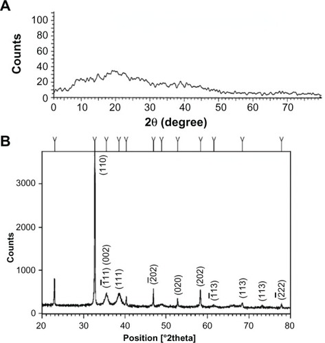 Figure 2 XRD pattern of synthesized CuO nanoparticles. XRD pattern of (A) GK and (B) CuO nanoparticles, indicating the amorphous nature of GK and the crystalline nature with different planes of synthesized CuO nanoparticles.Abbreviations: XRD, X-ray diffraction; GK, gum karaya; CuO, copper oxide.