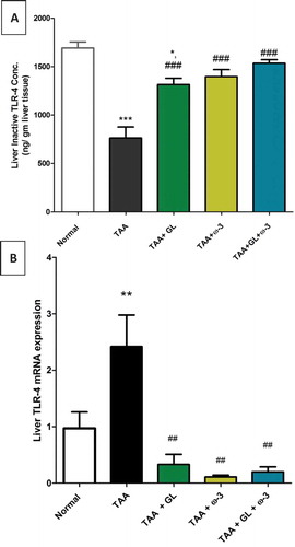 Figure 7. Change in (a) liver inactive toll-like receptor-4 (TLR-4) concentration and (b) liver TLR-4 gene expression in rats after oral administration of glycyrrhizin (GL) (25mg/kg/day), omega-3 fatty acids (ω-3) (150 mg/kg/day) and their combination for 8 weeks along with thioacetamide (TAA) (200mg/kg twice weekly).Values: (Mean ± SE), n = 8 rats per group.* = significant against normal group at P < 0.05,** = significant against normal group at P < 0.005,*** = significant against normal group at P < 0.0005, ## = significant against TAA group at P < 0.005, ### = significant against TAA group at P < 0.0005