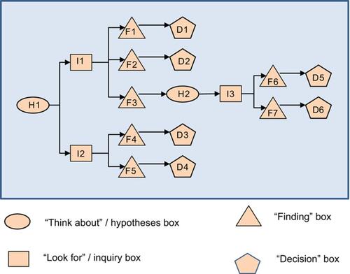 Figure 2 Generic flow of events in a typical schema. D1: Decision No 1; D5: Decision No 6; F1: Finding No 1; F5: Finding No 5; H1: Hypothesis No 1; H2: Hypothesis No 2; I1: Inquiry No 1; I3: Inquiry No 3.
