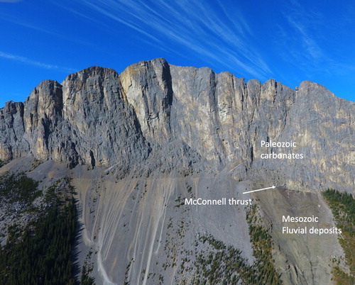 Figure 2. Photomosiaic of Mount Yamnuska showing Paleozoic cliff-forming carbonate rocks overlying Mesozoic fluvial sandstones, forming the slope beneath the cliff. The McConnell Thrust Fault trace is visible at the base of the cliff toward the right, middle of the photograph, to just before the tree coverage starts.