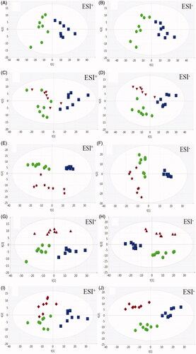 Figure 4. PCA score plots derived from UPLC-Q/TOF-MS profiling of the urine metabolomics of control, model, and treatment groups. Control group (C), Corticosterone group (Cor), Fluoxetine group (Flu), Chrysanthemum morifolium group (Chr), Naringenin group (Nar) and Apigenin group (Api).