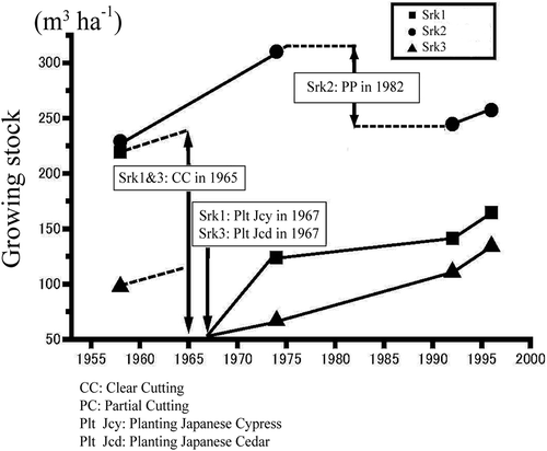 Figure 3. Growing stock variation history in Sarukawa Experimental Watershed. Data estimated by Shimizu et al. (Citation2008).