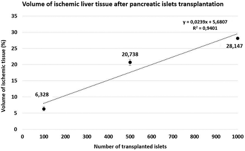 Figure 4. Calibration curve establishing a direct correlation between the number of transplanted islets and volume of ischemic liver tissue 2 h after transplantation of 100 (Group A), 500 (Group B) and 1000 (Group C) pancreatic islet into the portal vein of healthy rats (n = 6 in each group) with hepatic arteries ligated prior to transplantation. Graph shows the mean values (± standard deviation).