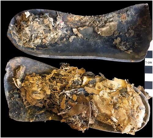 Figure 3. Leather shoe soles excavated from cell D40 (Photograph: Paige Taylor).