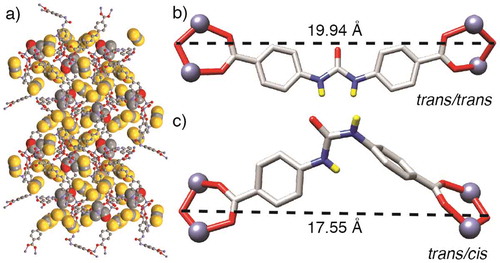 Figure 6. (Colour online) (a) Portion of the crystal structure of [Zn4O(L)3(DMF)]n showing the presence of both CS2 and DMF in the pores. Disorder and H atoms removed for clarity. (b) The trans/trans conformation of L 2− , and (c) the trans/cis conformation of L 2− in the crystal structure of [Zn4O(L)3(DMF)]n. H atoms other than N-H units removed for clarity.