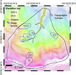 Figure 5. Higashifukubegawa catchment with detailed slope failure inventory, showing slope failures lying in topographic hollows.