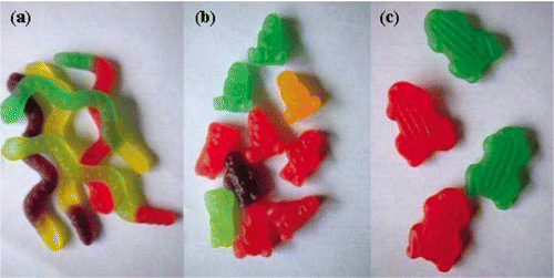 Figure 2 Examples of jelly products a) Jelly snakes, b) Jelly babies, c) Jelly frogs.