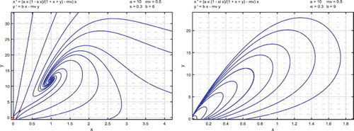 Figure 2. Parameters are given in (Equation21(21) a=10,μv=0.5,ξv=0.3,(21) ) and the release threshold is bpc=7.0505. For b=6<bpc, there are two positive equilibria Ep−=(0.6667,2) and Ep+=(1,12). Equilibrium Ep− is a saddle point and Ep+ is a locally asymptotically spiral. Solutions approach either Ep+ or the origin depending on their initial values as shown in the left-side figure. For b=9>bpc, there exists no positive equilibrium. The origin is globally asymptotically stable. All solutions approach the origin as shown in the right-side figure.