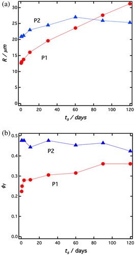 Figure 5. (a) Average drop radius, R, obtained from the sedimentation rate, plotted as a function of the soaking time, ts, for P1 (red filled circles) and P2 (blue filled triangles) emulsions, respectively. (b) Final steady state volume fraction of the sediment, ϕf, plotted as a function of ts, for P1 (red filled circles) and P2 (blue filled triangles) emulsions, respectively.