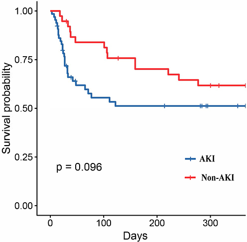 Figure 3 Cumulative survival rate for AKI group vs non-AKI group.