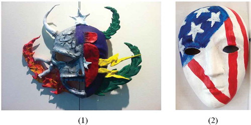 Figure 5. Masks related to a military and community identity: (1) a recreation of the Explosive Ordnance Disposal (EOD) badge, often referred to as an “EOD crab,” signifying his military occupation—he also chose to display his mask in the clinic as a way to connect with and “inspire others”; (2) the military unit SEAL Team VI (six), symbolized using the stars and stripes of the US flag and the Roman numeral for six.