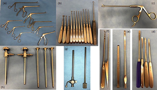 Figure 5. Showing a variety of basic arthroscopy instruments, including a variety of rongeurs (a), spoon curettes (b), arthroscopic scissors (c), periosteal elevators (d), osteotomes (e), probes (f), egress cannula and obturator (g), arthroscope cannulae and obturators (h).