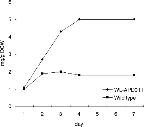Fig. 3 Carotenoid content in R. sphaeroides wild type and WL-APD911. The differences in the extracted carotenoid contents of the wild-type and mutant strains are shown. The mutant strain, WL-APD-911, displays a 3.5-fold increase in carotenoid content after a 4-day culture period, relative to the wild type. DCW, dry cell weight.
