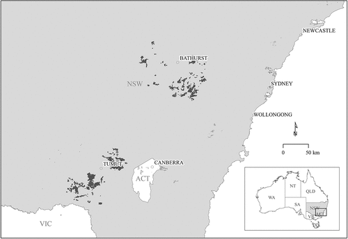 Figure 1. Map of New South Wales (NSW) showing the locations of the two Pinus radiata plantation estates studied