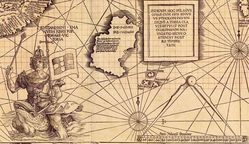 Figure 6. Detail of Waldseemüller’s 1516 Carta marina depicting a pair of dividers, the Portuguese King Manuel and a text about the achievements of the Portuguese (Library of Congress Washington, Geography and Map Division)