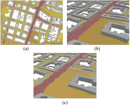 Figure 6. (a) 2D noise map, (b) Extruded building models and tilted observation angle, (c) Extruded building models and tilted observation angle with additional layers of noise for various heights.