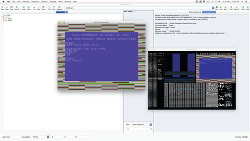 Figure 12. Modern software development for the C64: Relaunch64 (IDE), C64Debugger (Debugger), and VICE (emulator). (The screenshot shows the running programme from Figure 5.)