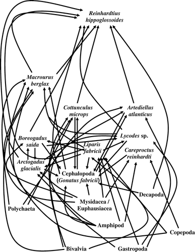 Figure 5 Generalized partial food web of NAFO subarea 0A representing common predator and prey species based on stomach content data from 2000–2001 samples.
