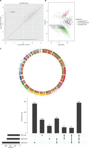 Figure 1 Identification of differentially expressed genes.Notes: (A) The scatter plot was used for assessing the variation in gene expression between LUAD and normal samples. (B) The volcano plot was constructed using fold-change values and P-values. Red: upregulated, Green: downregulated. (C) Circos plots showing the differentially expressed genes in LUAD tissues. Red: upregulated, Green: downregulated. (D) Differentially expressed genes in RNA-seq, GSE 19188 and GSE33532. A total of 289 genes in all three datasets were dysregulated.Abbreviations: LUAD, lung adenocarcinoma, RNA-seq, RNA-sequencing.