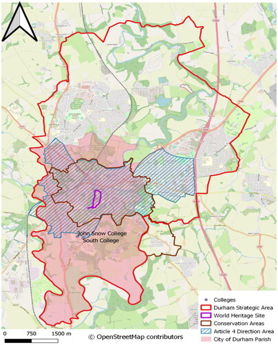 Figure 1. Map of the Durham, City of Durham Parish boundary, and other spatial designations. Sources: City of Durham Parish Council (Citation2019a), Durham County Council (Citation2016a, Citation2016b, Citation2020b, Citation2021a).