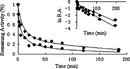 Figure 4 Kinetic time course of inhibition of the overall reaction (•) and ketoacyl reduction reaction (♦) in the presence of Extr. The insert is plot of ln R.A. (relative activity) versus time calculated from Figure 1 data. The FAS solution (0.6 μM) was mixed with Extr (0.5 μg/mL) and aliquots were taken to assay remaining activity at the indicated time intervals.