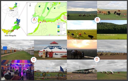 Figure 2. The landscape and tourism bussinesses in the Ergun grassland of Inner Mongolia. (A) The geographic location of Ergun and the distribution of interviewed sites; (B) The landscape of Ergun's grazing grasslands; (C) the grasslands used for the restaurants and hotels In Ergun; and (D) the grasslands used for Horse riding and amusement parks in Ergun.