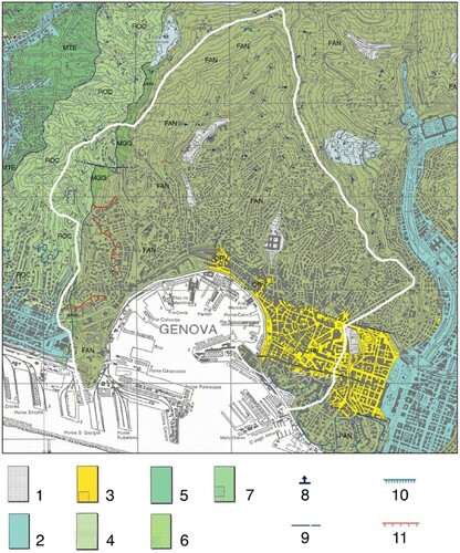 Figure 2. Geological sketch of the study area. Legend: 1. Fills; 2. Fluvial deposits; 3. Marly clays, marls, siltstones and sandstone in thin layers (Ortovero Clays, Pliocene); 4. Marly limestones, marls, siltstones in thick beds, with shales interlayers (M. Antola Formation, Cretaceous); 5. Shales in thin layers (Montoggio Argillites, Cretaceous); 6. Sandstones, marly siltstones and shales in thin layers (Ronco Formation, Cretaceous); 7. Shales and silty shales with sandstones interlayers (Montanesi Argillites, Cretaceous); 8. Bed attitude; 9. Fault; 10. Edge of marine terrace; 11. Edge of quarry scarp.