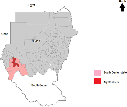 Figure 1 Map of Sudan showing the locations of Nyala district and South Darfur state.