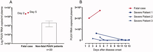Figure 2. Viral load in plasma by qPCR for the fatal case in relation to non-fatal PUUV cases (n = 20 sampled median 6 days, range 3–7 days, post-onset of disease) (A). The kinetics of viral load is shown for the fatal case in comparison to three other patients with severe disease (B).