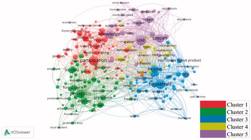 Figure 6. Network visualization showing keyword occurrences: Forest and women* OR gender. Note: In network visualization of the occurrence of high-frequency and related words, each node represents a word used in the title or abstract of paper found using the keywords indicated and the node size indicates the number of co-occurrences. The distance between nodes indicates the relatedness of the terms and the width of the link represents the strength of the relatedness.