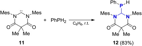 Scheme 9. Oxidative addition of PhPH2 to N,N′-diamidocarbene.[Citation47]