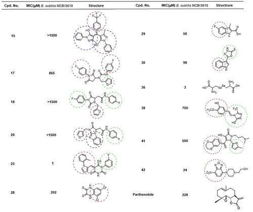 Figure 7. Compounds identified as bacterial inhibitors in the biofilm assay and their minimal inhibitory concentration (MIC) values on B. subtilis. Structural similarity is remarked with the different aromatic moieties. Molecules 36 and 42 also showed activity against the Gram (−) strains E. carotovora and K. pneumoniae.