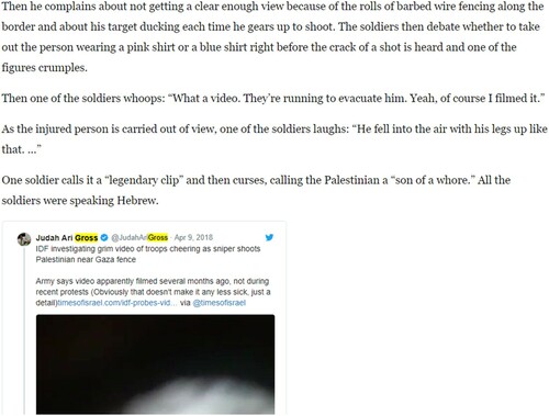 Figure 3. This Washington Post story describes the contents of a video without ever saying where the video came from, then embeds a tweet from a Times of Israel reporter that contains the video but still doesn’t say where it originated.