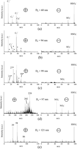 FIG. 4 Single particle ATOFMS mass spectra for (a) EC, (b) ECOC, (c) OC, (d) PAH, and (e) amine type particles.