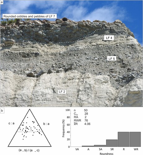 Figure 12. (a) Boulder to cobble gravel of LF 7 and its relationship to LFs 2 and 5; (b) Clast form data from LF 7.