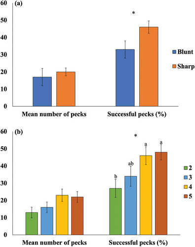 Figure 3. The effects of (a) beak shape and (b) test session (2–5) on the mean number of pecks made at the model and the mean percentage of successful pecks (resulting in feather and/or tissue removal) by commercial laying hens. Blunt beak = maximum of 1.5 mm top beak overhang; sharp beak = minimum of 3.5 mm top beak overhang. Test sessions 1 and 6 were removed from analysis due to low pecking activity. *Significantly different (p ≤ 0.05). Error bars are ± SEM.