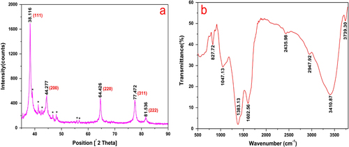 Figure 5. (a) X-ray diffraction pattern of silver nanoparticles synthesized by cell-free extract of L. sphaericus MR-1, which showed the (2 0 0), (2 2 0), (3 1 1), and (222) crystallographic planes of face centered cubic (fcc) AgNPs. The small peaks marked with (∗) may originate from the AgCl or Ag2O crystals in the sample. (b) FTIR spectrum of silver nanoparticles synthesized by cell-free extract of L. sphaericus MR-1.