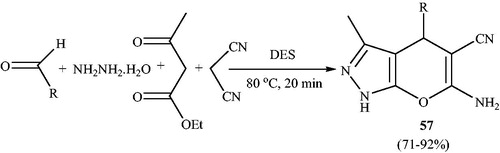 Scheme 89. Preparation of 6-amino-2H,4H-pyrano[2,3-c]pyrazole-5-carbonitriles using DES (choline chloride:urea).