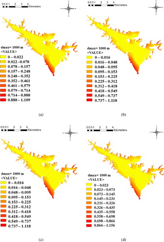 Figure 3. Raster maps of Sx values for an effective length of 1000 m for (a) Jun, (b) Jul, (c) Aug, and (d) Sep.