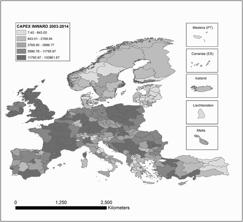 Figure 1. Foreign direct investment towards the regions of Europe (cumulative inward capital expenditure, 2003–14, US$ millions). Source: Authors’ elaboration of fDi Markets data.