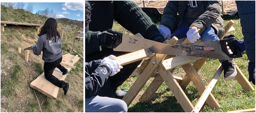 Figure 3. Co-crafting benches. Special tools and methods were used to encourage the collaborative efforts, for example, using a double saw. Photo: Hansson (Citation2021).