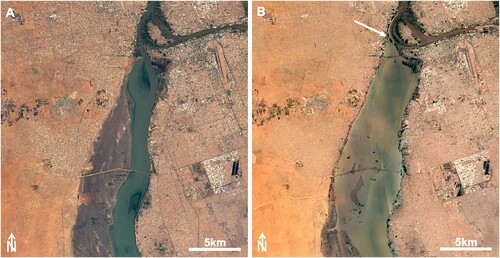 Figure 4. (A) Regular flowing of the White Nile (Google Earth™, December 31st 2016) compared with (B) the same river during a flooding, whose consequences are enhanced by the dam effect (see the arrow) of the high level of the Blue Nile (Google Earth™, September 11th 2019). In (B) note the White Nile inundating the rural areas in the vicinity of the city.